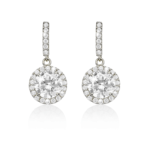 9ct White Gold Round Cubic Zirconia Halo Drop Earrings