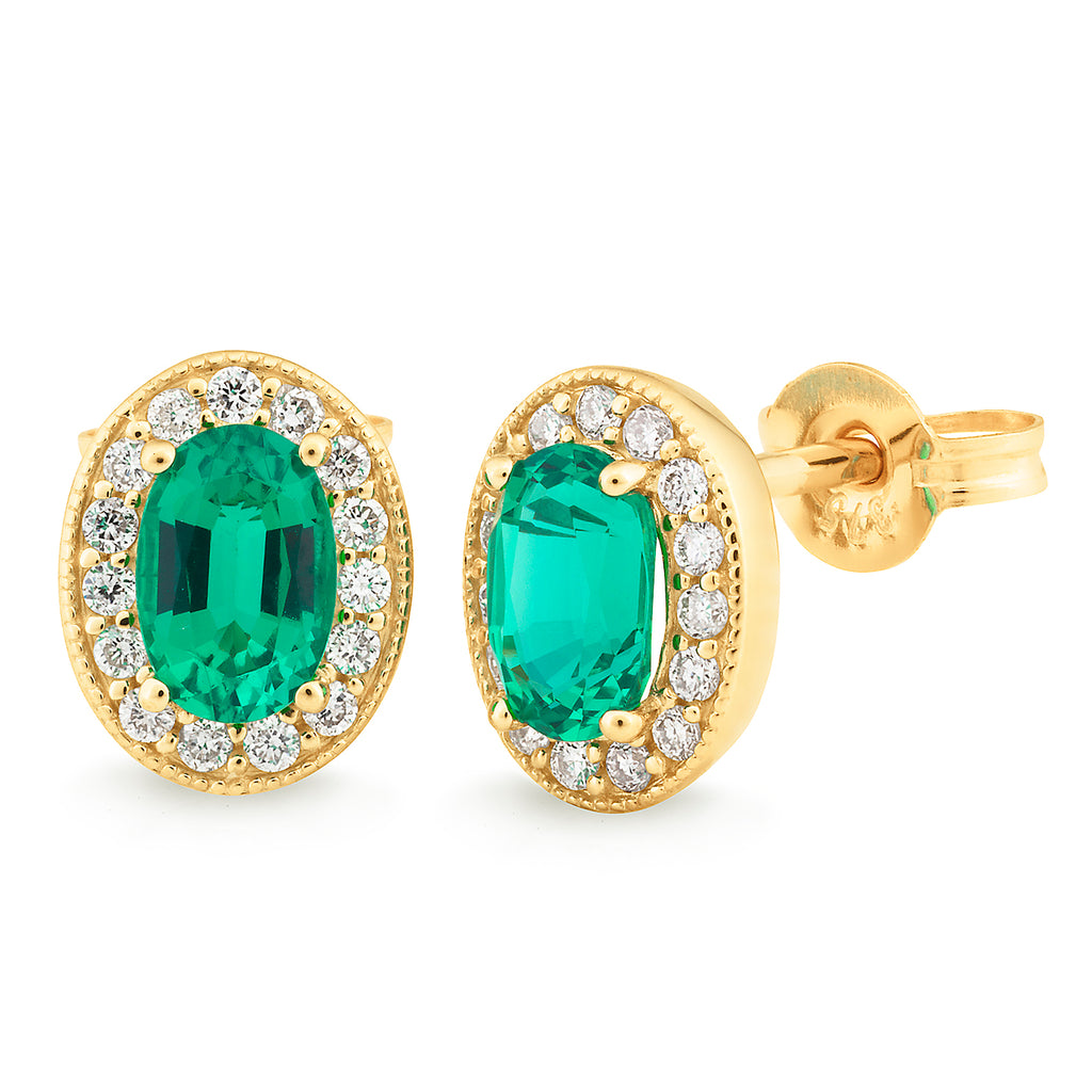 Synthetic Emerald & Diamond Stud Earrings