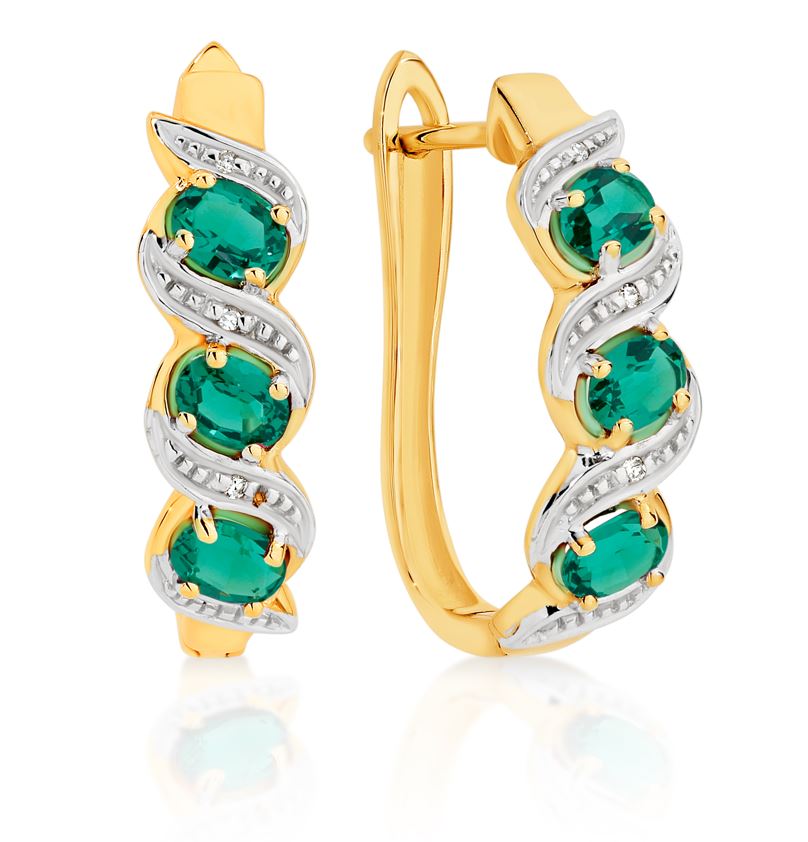 9ct Gold Claw Set 3 Stone Oval Created Emerald & Diamond Huggie Earrings