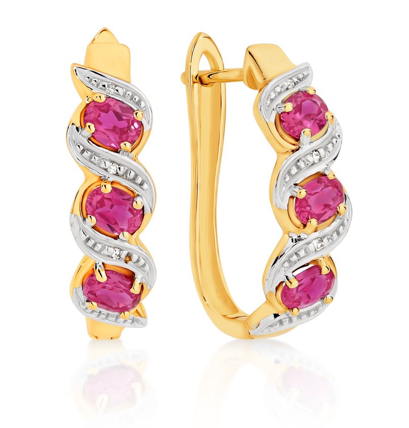 9ct Gold Claw Set 3 Stone Oval Created Ruby & Diamond Huggie Earrings