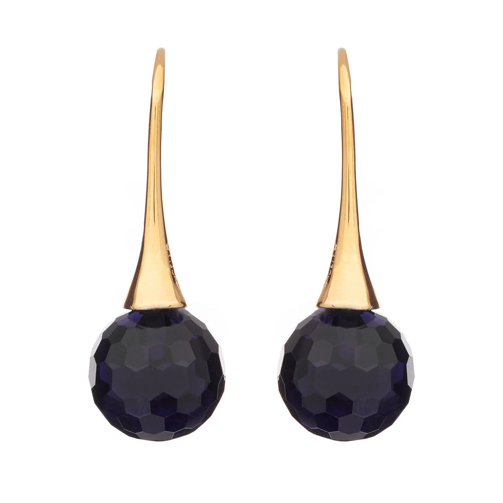 Sybella Gold plate facetted sapphire ball earrings on long hook