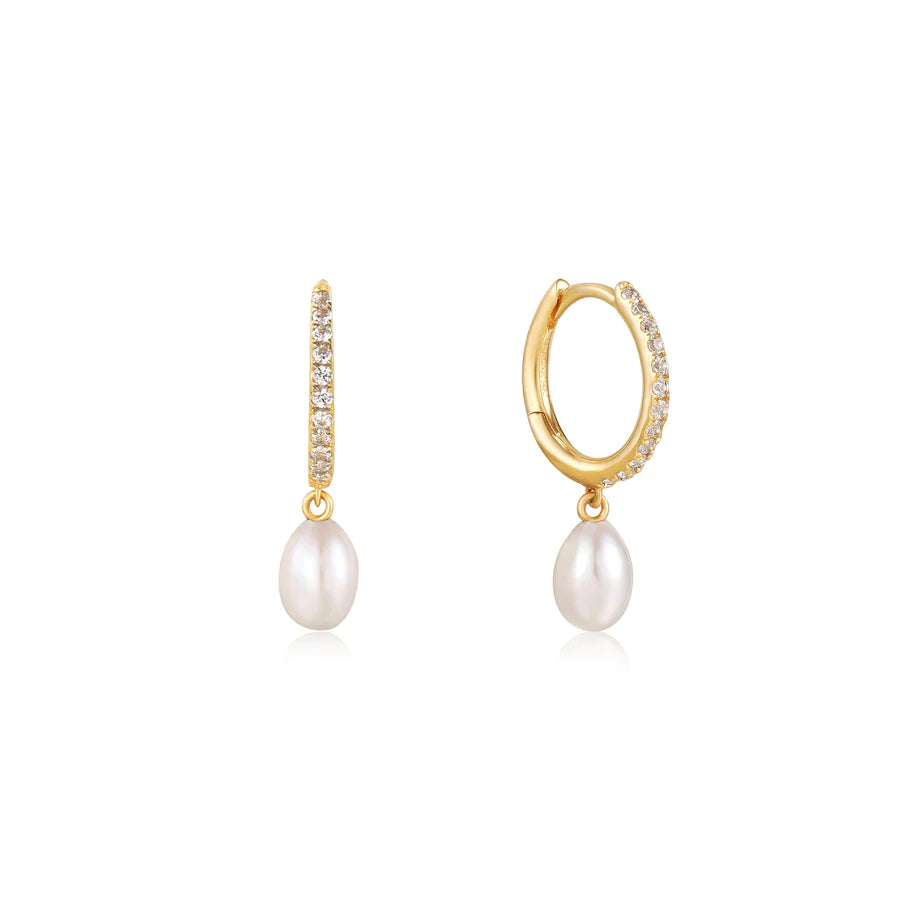 14kt Gold Pearl Drop and White Sapphire Huggie Hoop Earrings