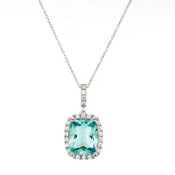 Sybella Ainsley Cushion Cut Aqua Green Pendant on Fine Silver Chain