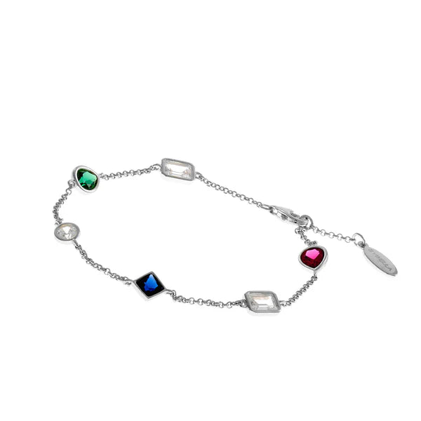 Sybella Mila Sapphire, Emerald Green and Ruby Silver Multi Shape Cubic Zirconia Bracelet