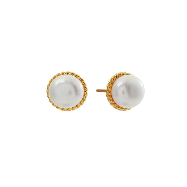 Sybella Minnie Pearl With Gold Braid Trim Stud Earrings