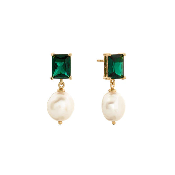 Sybella Misty Deep Green Baguette & Pearl Drop Earrings