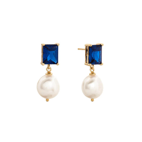 Sybella Misty Dark Blue Baguette & Pearl Drop Earrings