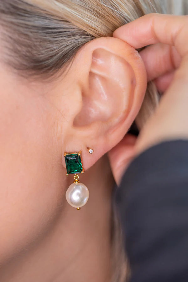 Sybella Misty Deep Green Baguette & Pearl Drop Earrings