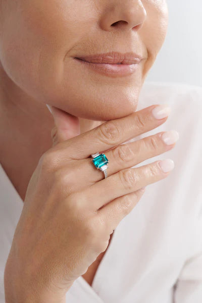 Sybella Sasha Sterling Silver Green and Clear Baguete Ring