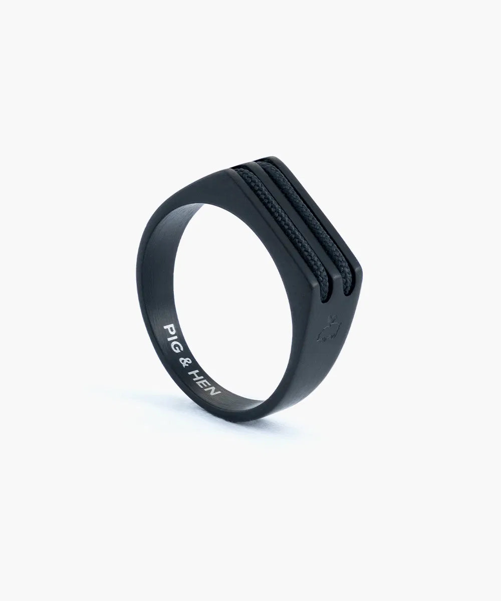Pig & Hen Signet Ring Black Rope