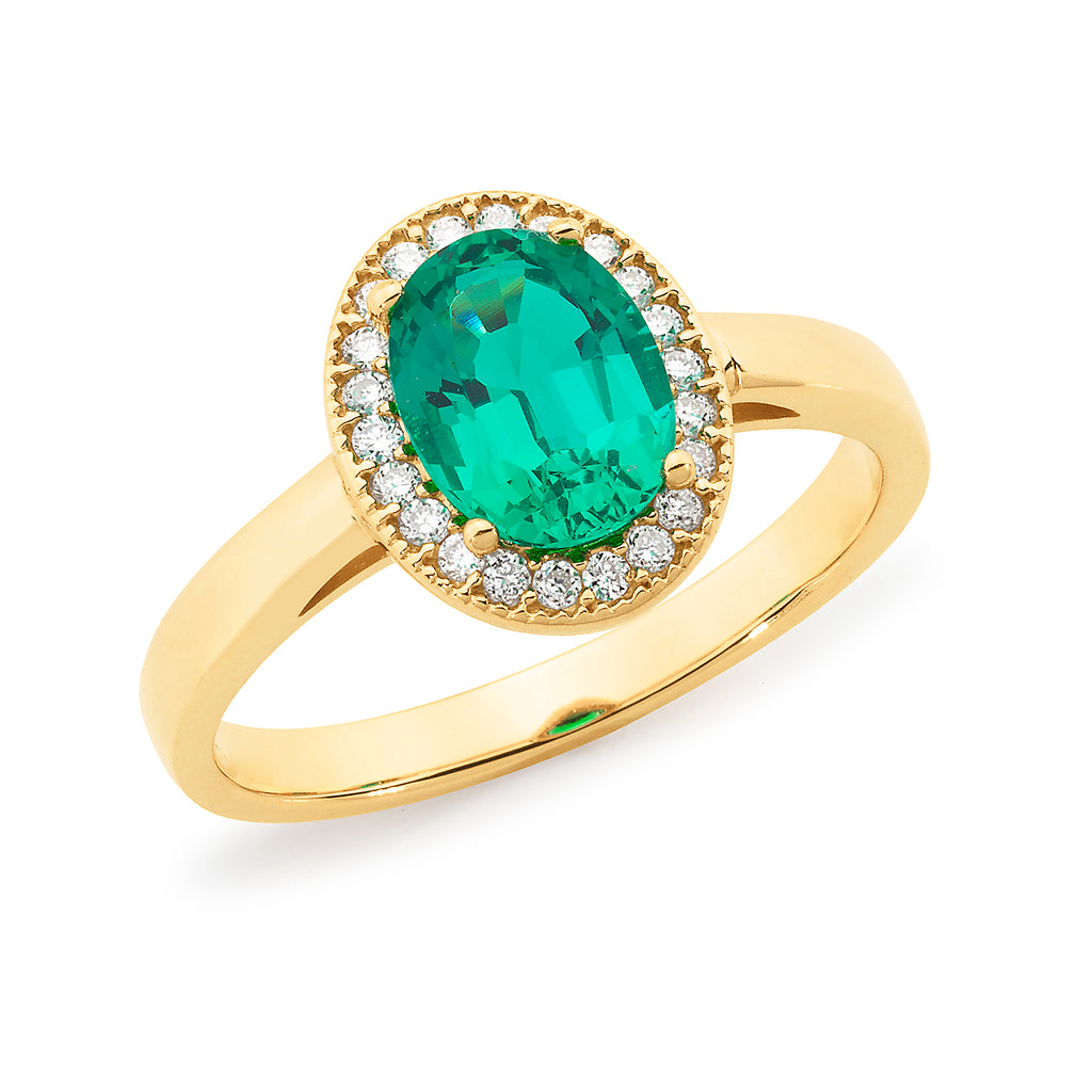 Synthetic Emerald & Diamond Halo Dress Ring