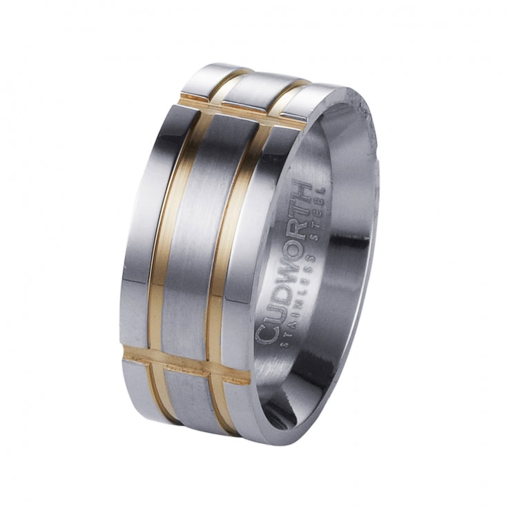 Brushed Stainless Steel and Ion Plated Yellow Gold Indented Grid Ring