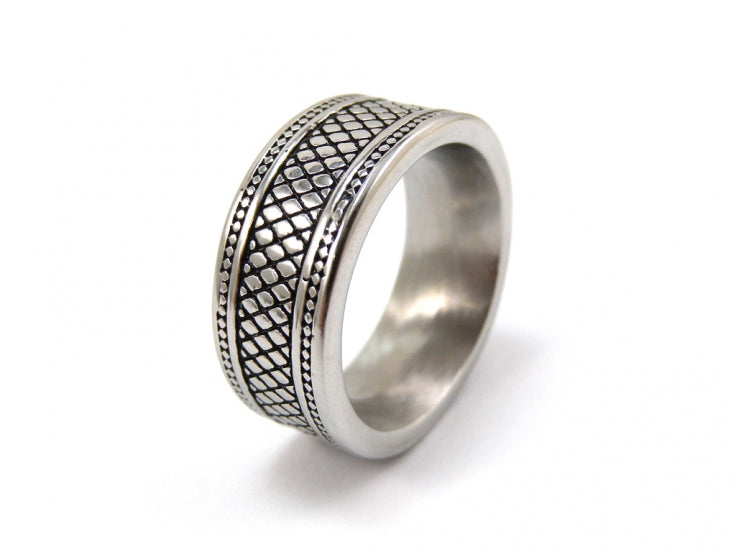 Brushed Stainless Steel with Ion Plated Black Lattice Pattern Ring