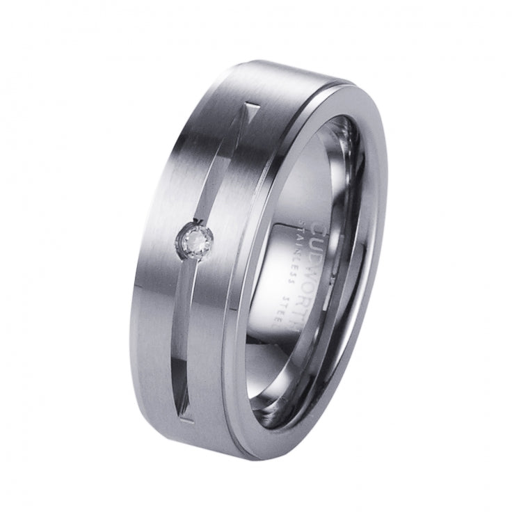 Brushed Stainless Steel and Single Cubic Zirconia Ring