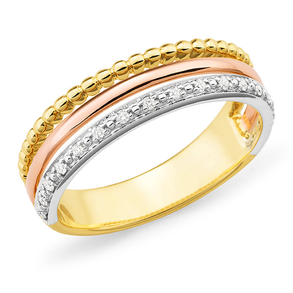 9ct Three-Tone Gold 0.09ct Diamond Bead Set Dress Ring