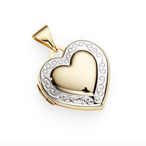 9ct Gold Silver Fusion 15mm Embossed Border Heart Locket