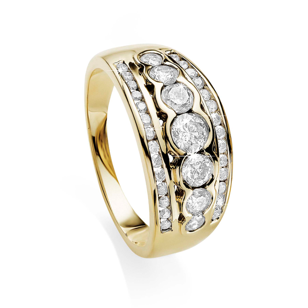 9ct Yellow Gold 1.00ct Tdw Diamond Three Row Dome Ring With Bezel And Channel Setting. (Hi/P12)