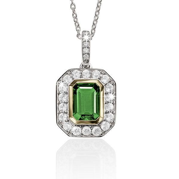 Silver and 9ct Gold Created Emerald & Created White Sapphire Necklet