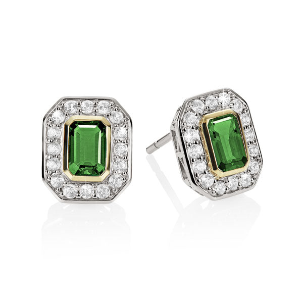 Silver and 9ct Gold Created Emerald & Created White Sapphire Studs