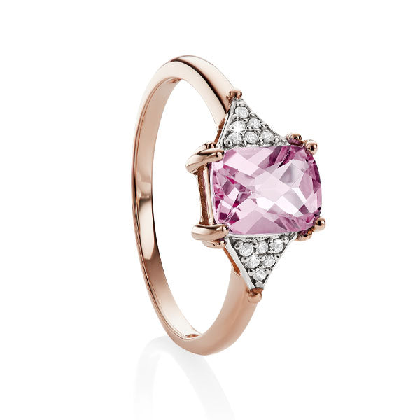 Rose Gold Created Pink Sapphire Checkerboard Cut & Diamond Ring