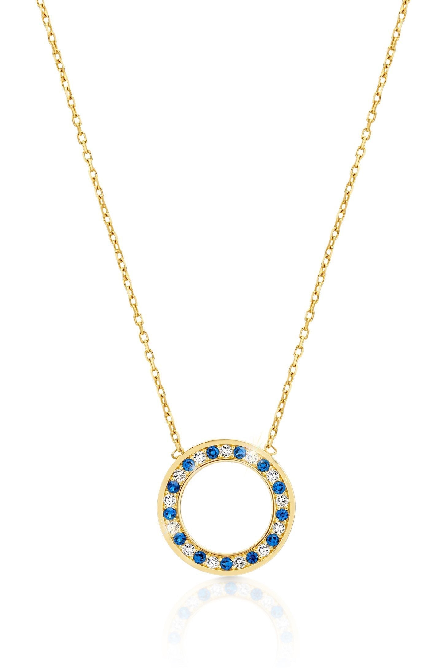 MP5866 9ct yellow gold open circle 12mm blue & white CZ necklace (7106961670308)