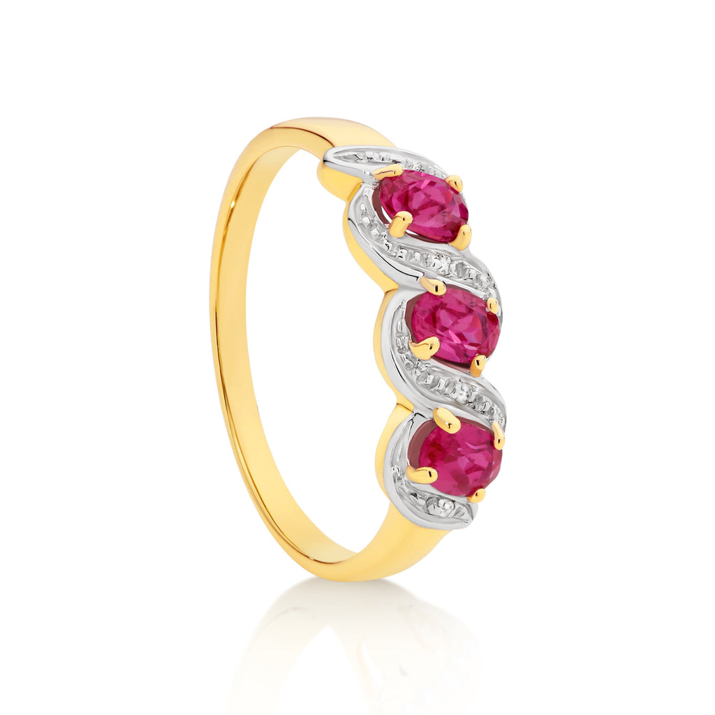 9ct Gold Claw Set 3 Stone Oval Created Ruby & Pave Diamond Ring