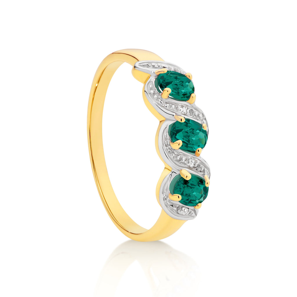9ct Gold Claw Set 3 Stone Oval Created Emerald & Pave Diamond Ring