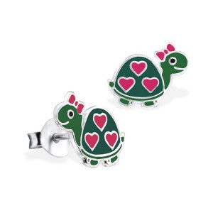 Green Enamel Turtle with Hearts Studs