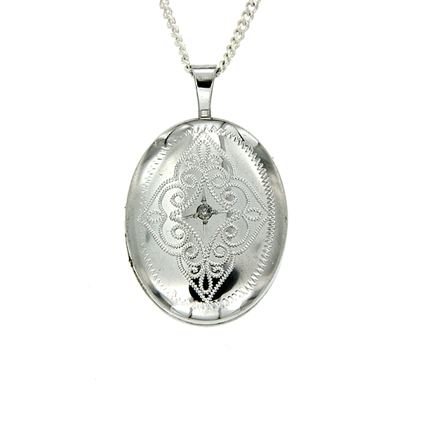 Sterling Silver Oval Shape Engraved Diamond Locket