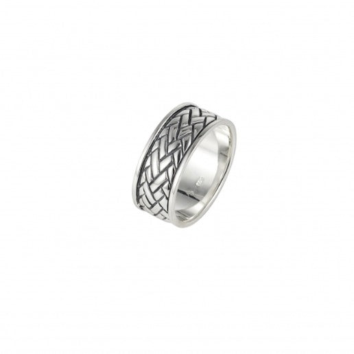 Polished and Oxidised Rhodium Plated Sterling Silver Ring with Celtic Centre Pattern