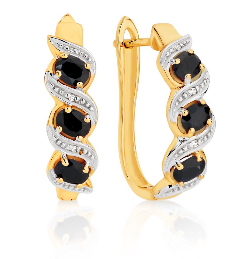 Gold Claw Set 3 Stone Oval Sapphire & Diamond Huggie Earrings